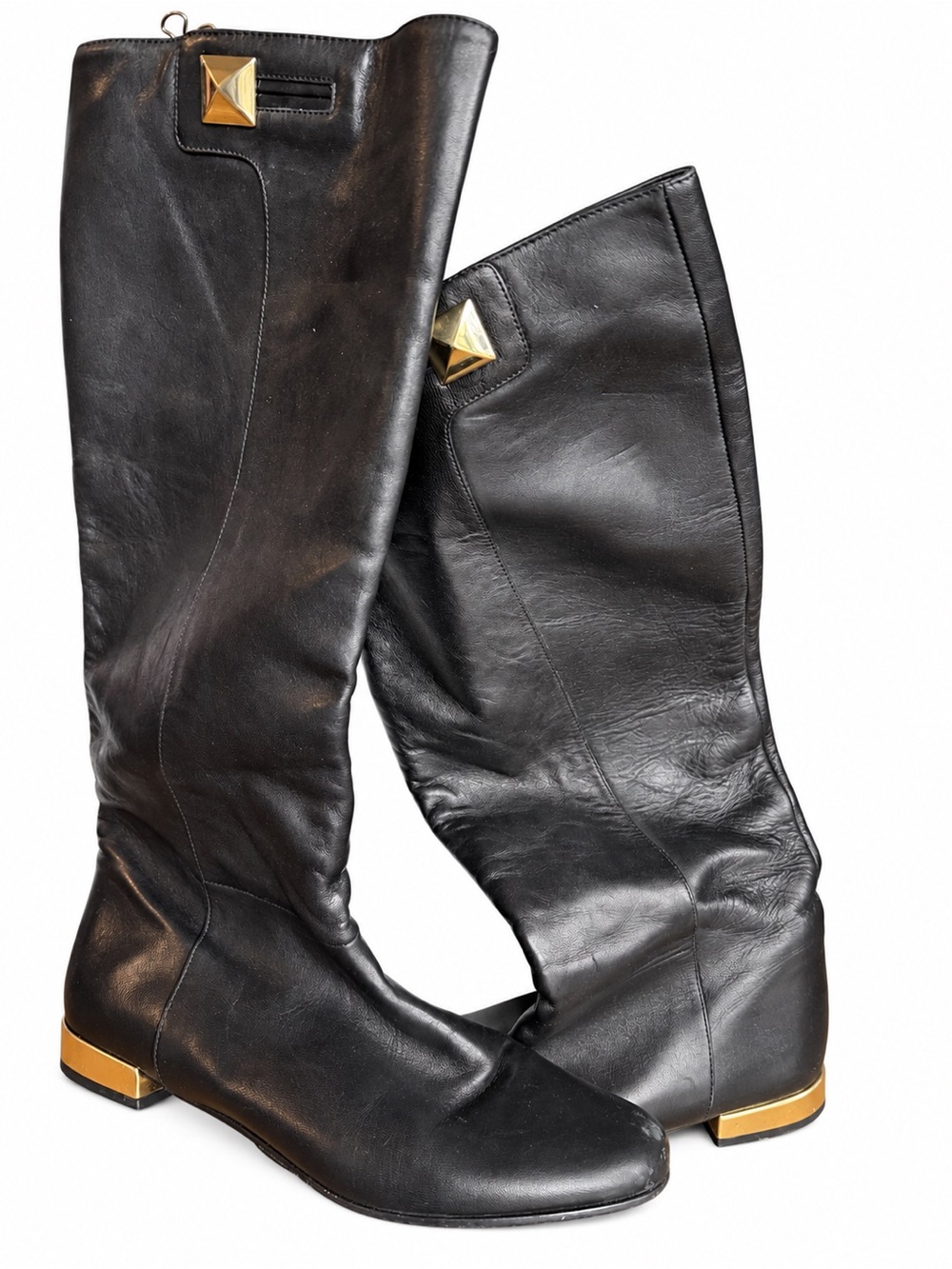 Kate Spade Oliver Black Leather Knee-High Riding Boots Gold Accents Size 6B